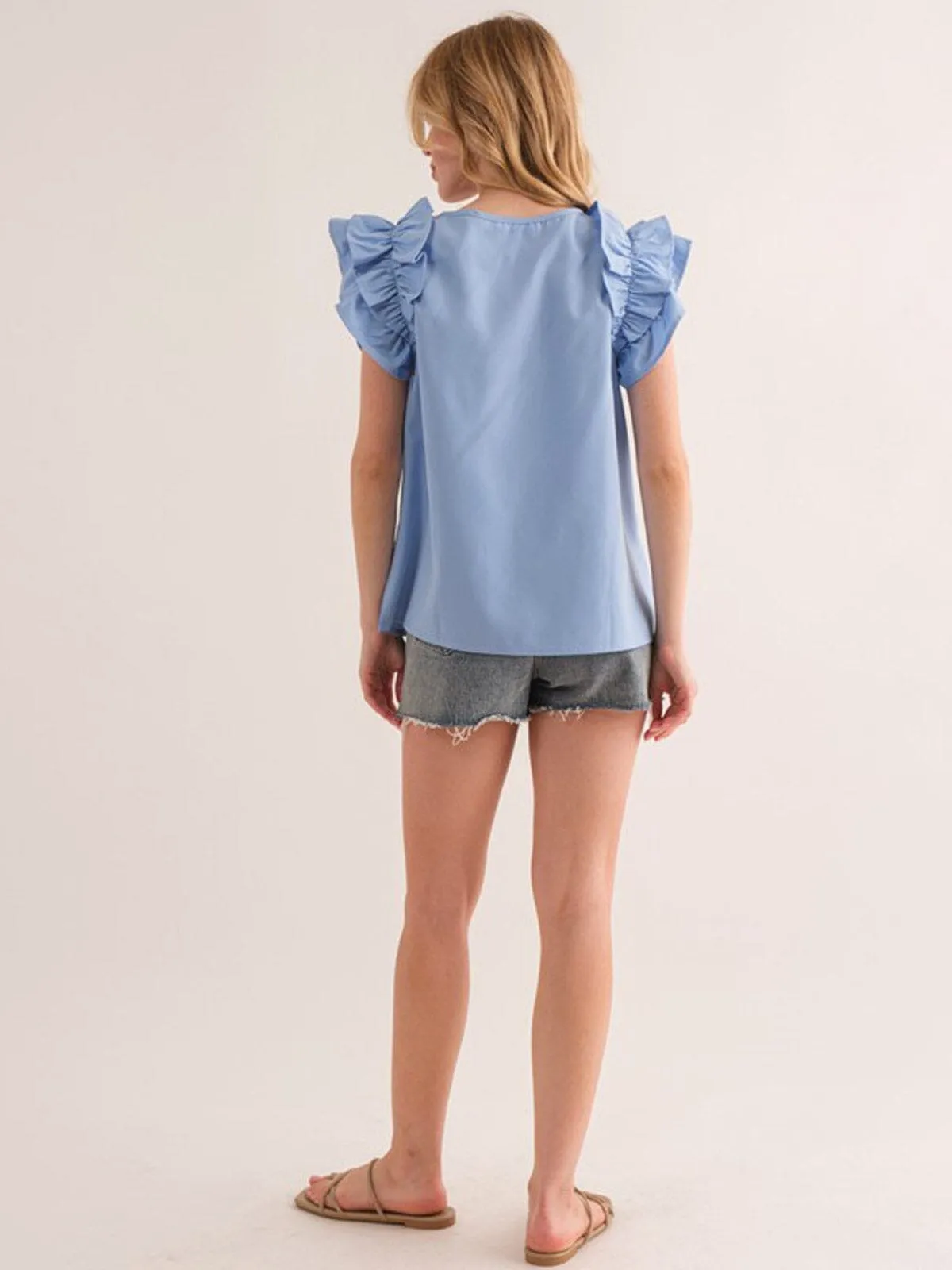 WOMEN'S SHORT RUFFLE SLEEVE DETAILED TUNIC BLOUSE TOP