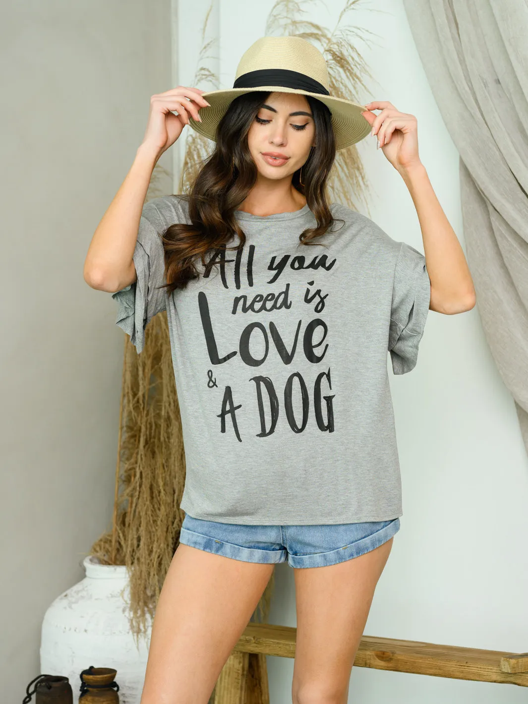 WOMEN'S SHORT RUFFLE SLEEVE GRAPHIC TOP