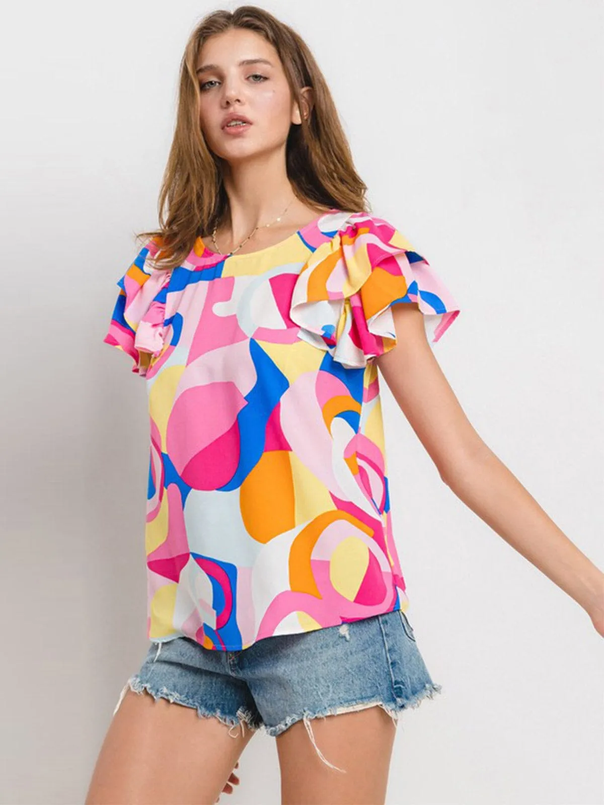 WOMEN'S SHORT RUFFLE SLEEVE MULTI PRINT BLOUSE