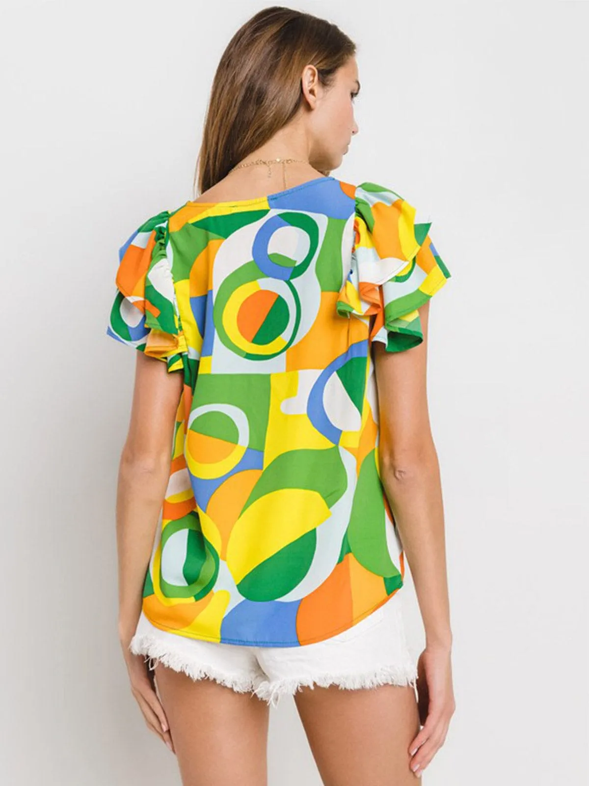 WOMEN'S SHORT RUFFLE SLEEVE MULTI PRINT BLOUSE