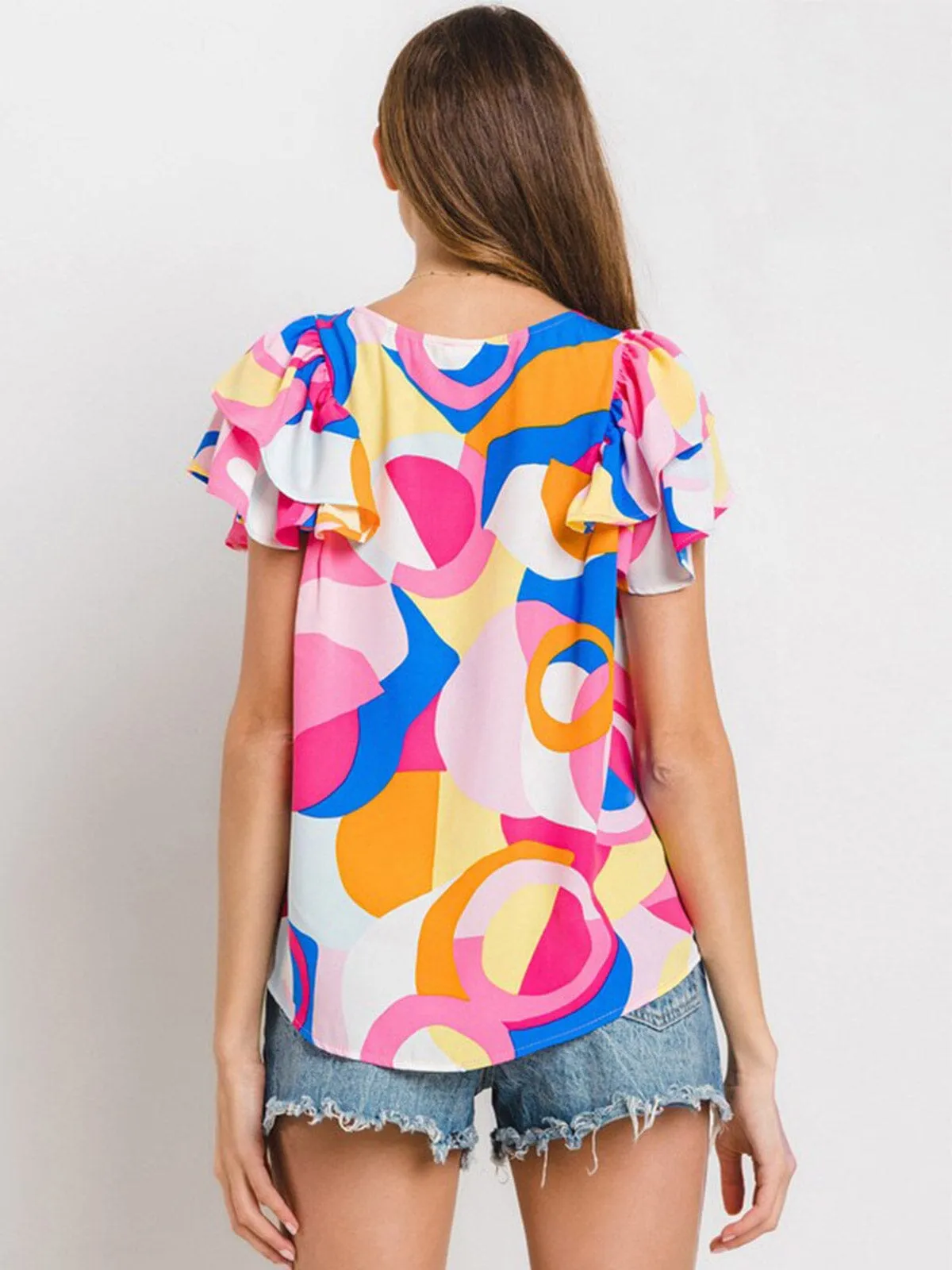 WOMEN'S SHORT RUFFLE SLEEVE MULTI PRINT BLOUSE