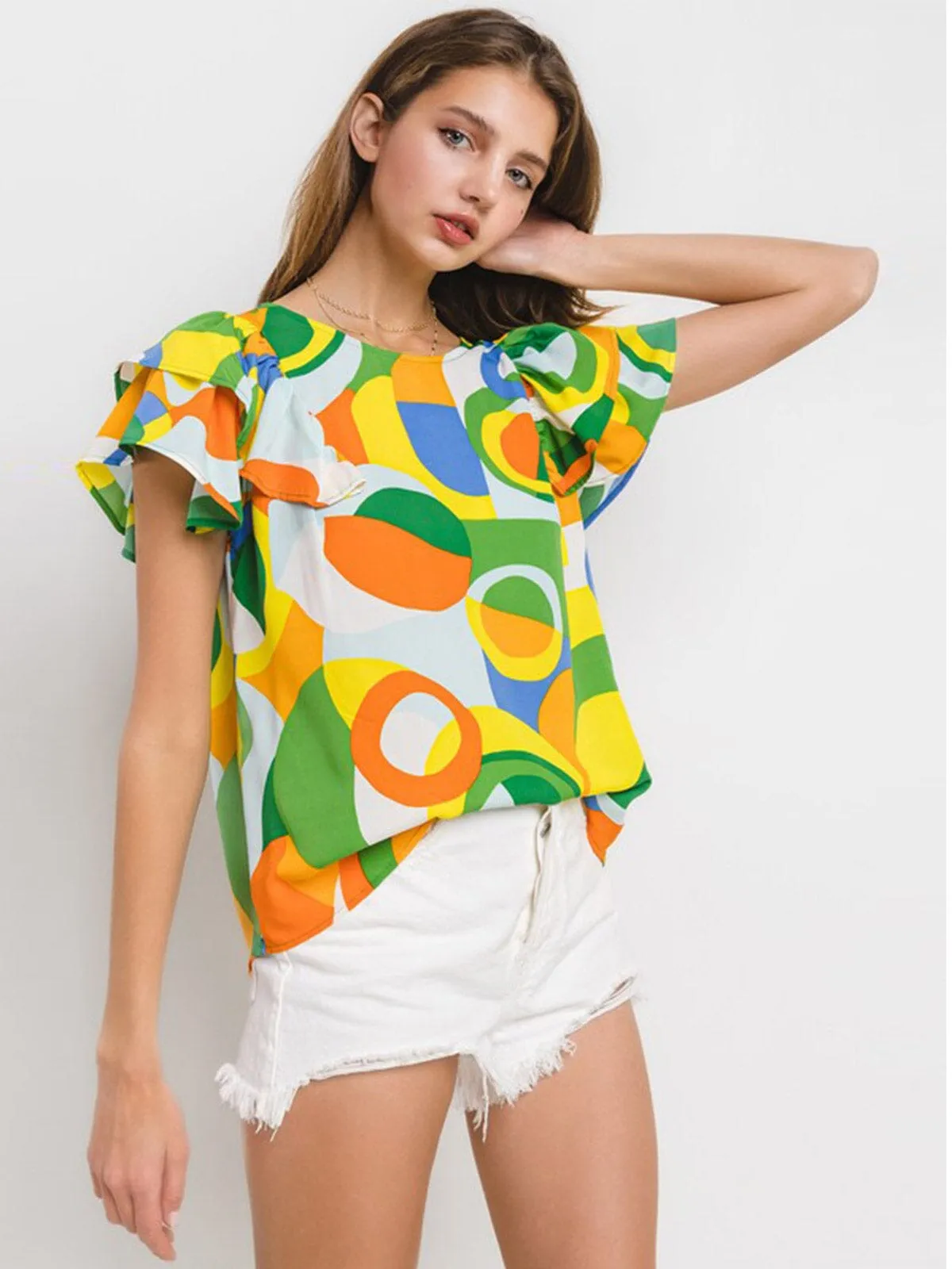 WOMEN'S SHORT RUFFLE SLEEVE MULTI PRINT BLOUSE