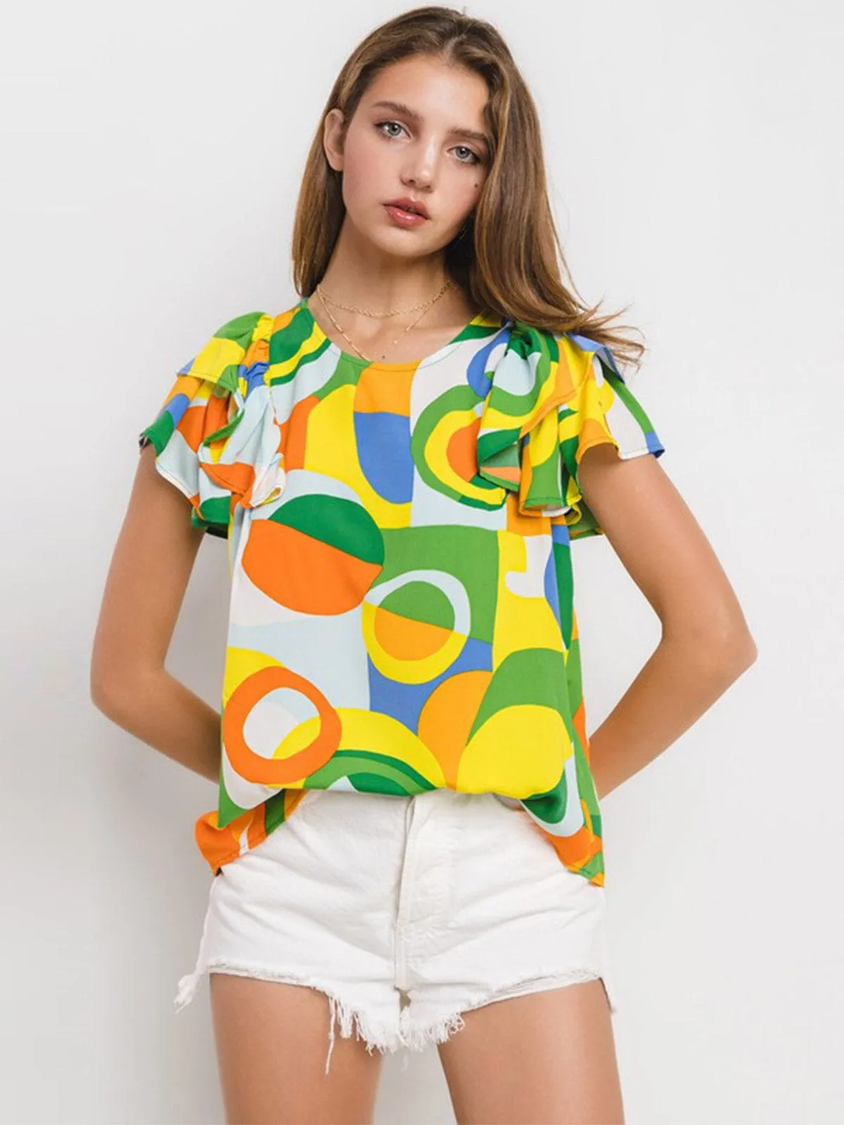 WOMEN'S SHORT RUFFLE SLEEVE MULTI PRINT BLOUSE