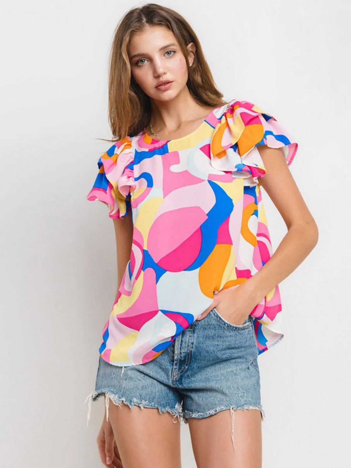 WOMEN'S SHORT RUFFLE SLEEVE MULTI PRINT BLOUSE