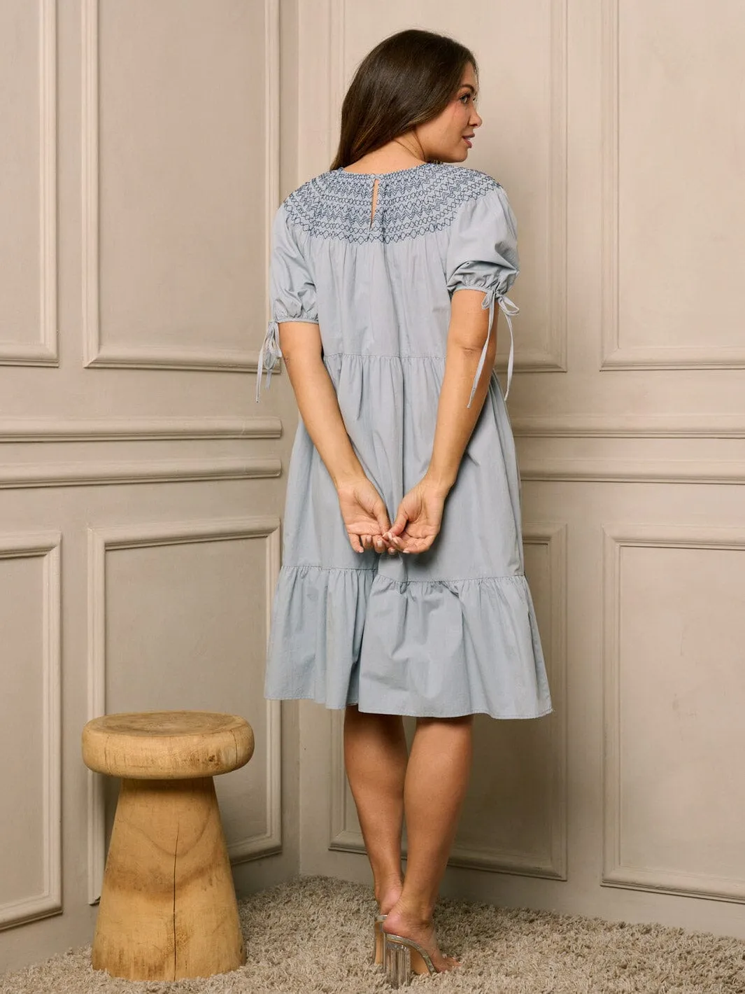 WOMEN'S SHORT RUFFLE SLEEVE TIERED EMBROIDERY TUNIC MIDI DRESS