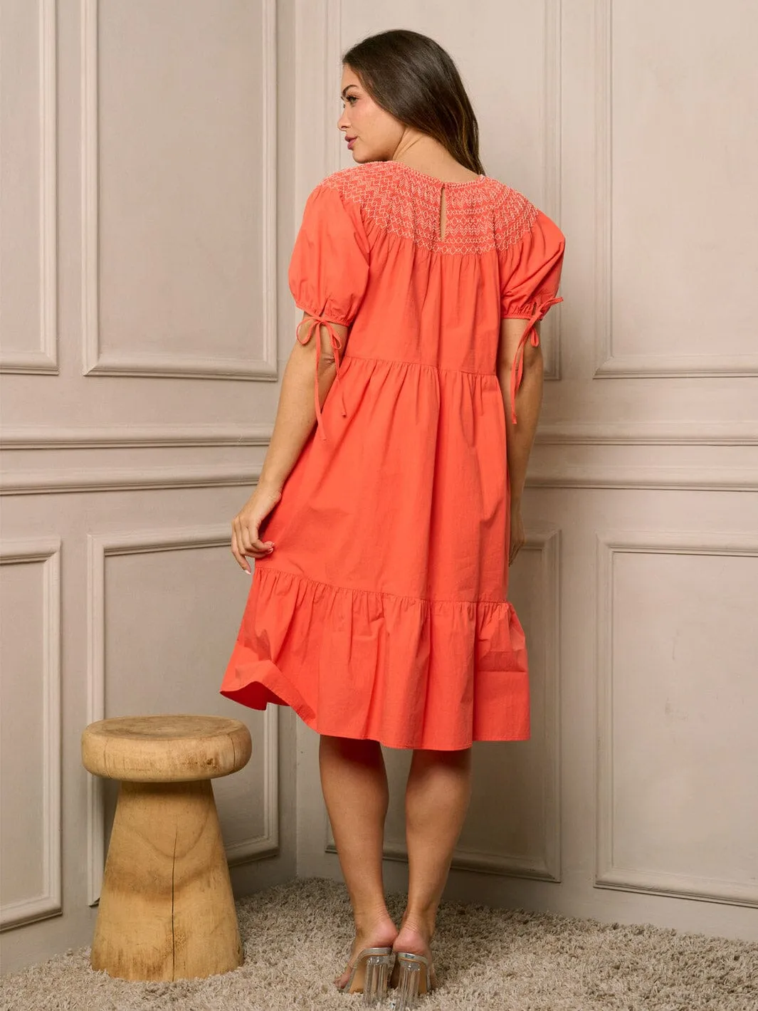 WOMEN'S SHORT RUFFLE SLEEVE TIERED EMBROIDERY TUNIC MIDI DRESS