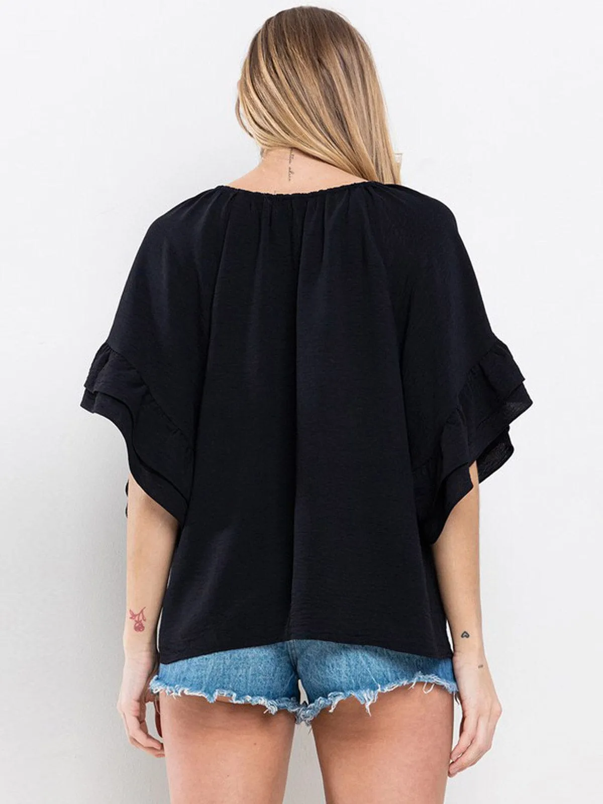 WOMEN'S SHORT RUFFLE SLEEVE TUNIC BLOUSE TOP