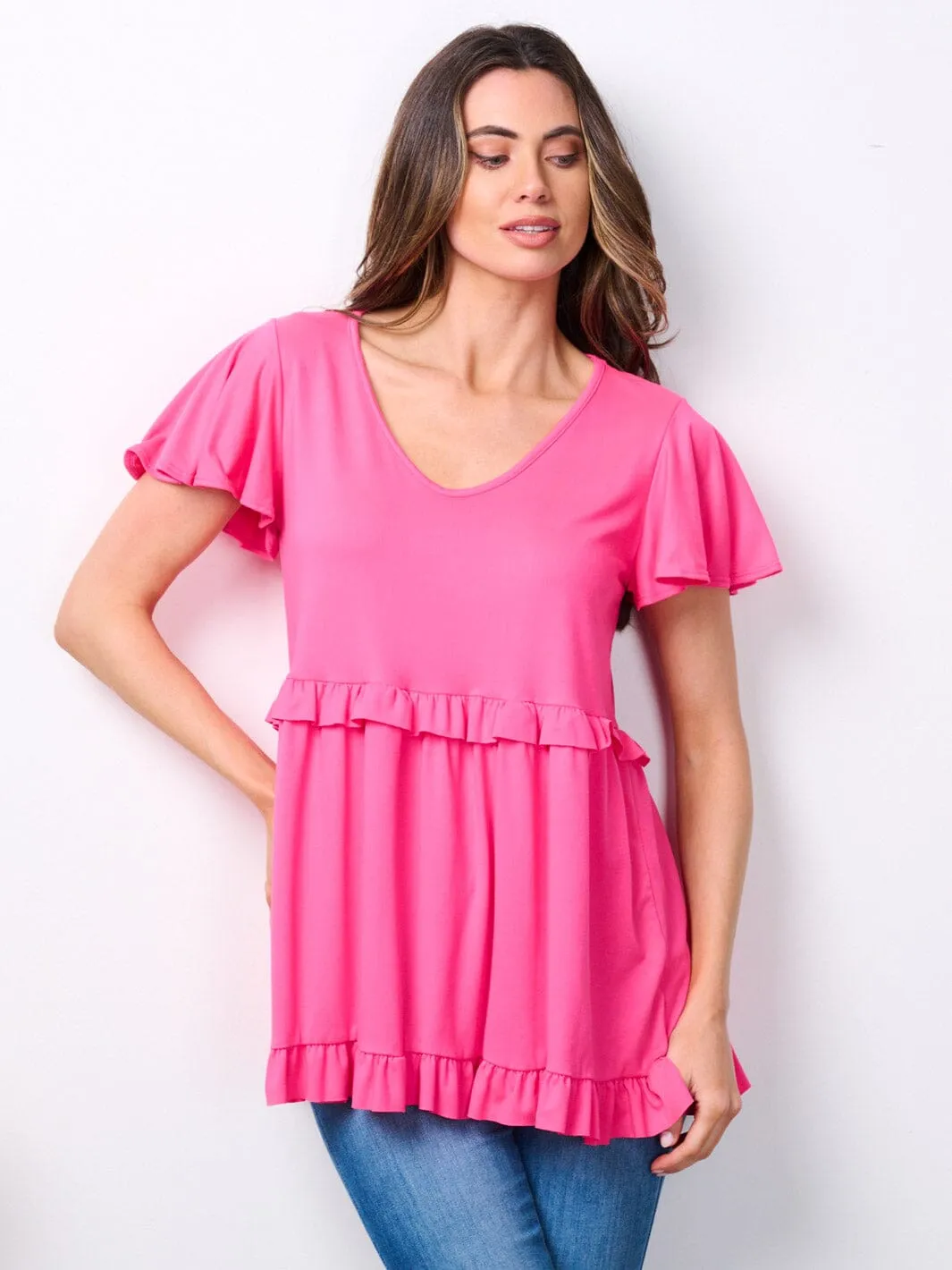 WOMEN'S SHORT RUFFLE SLEEVE V-NECK TUNIC TOP