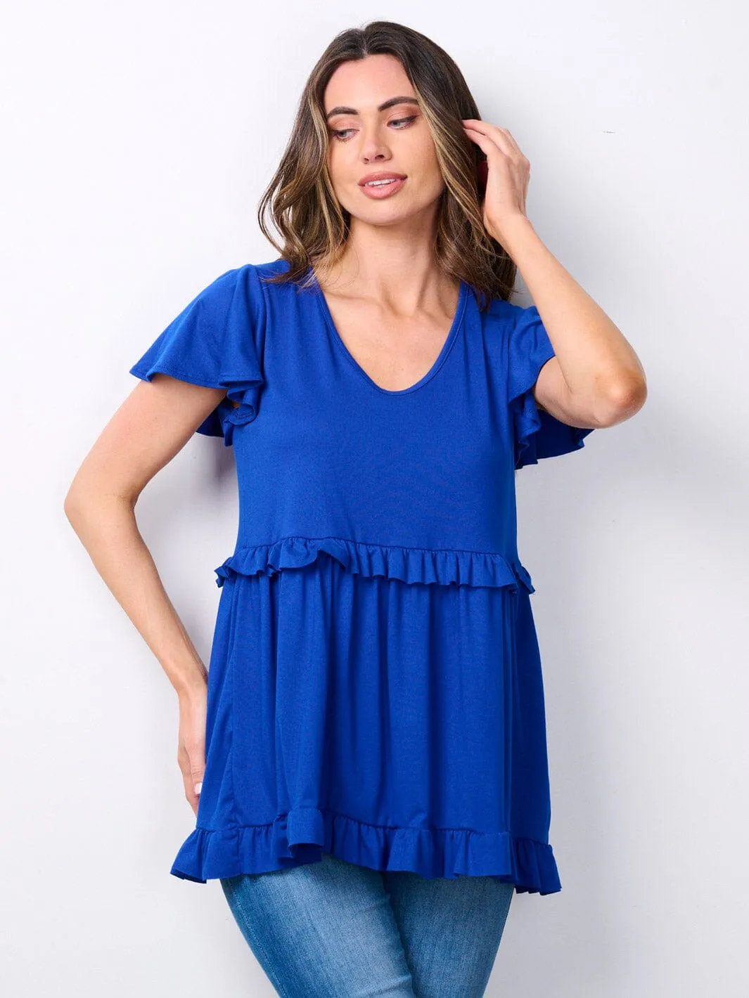 WOMEN'S SHORT RUFFLE SLEEVE V-NECK TUNIC TOP