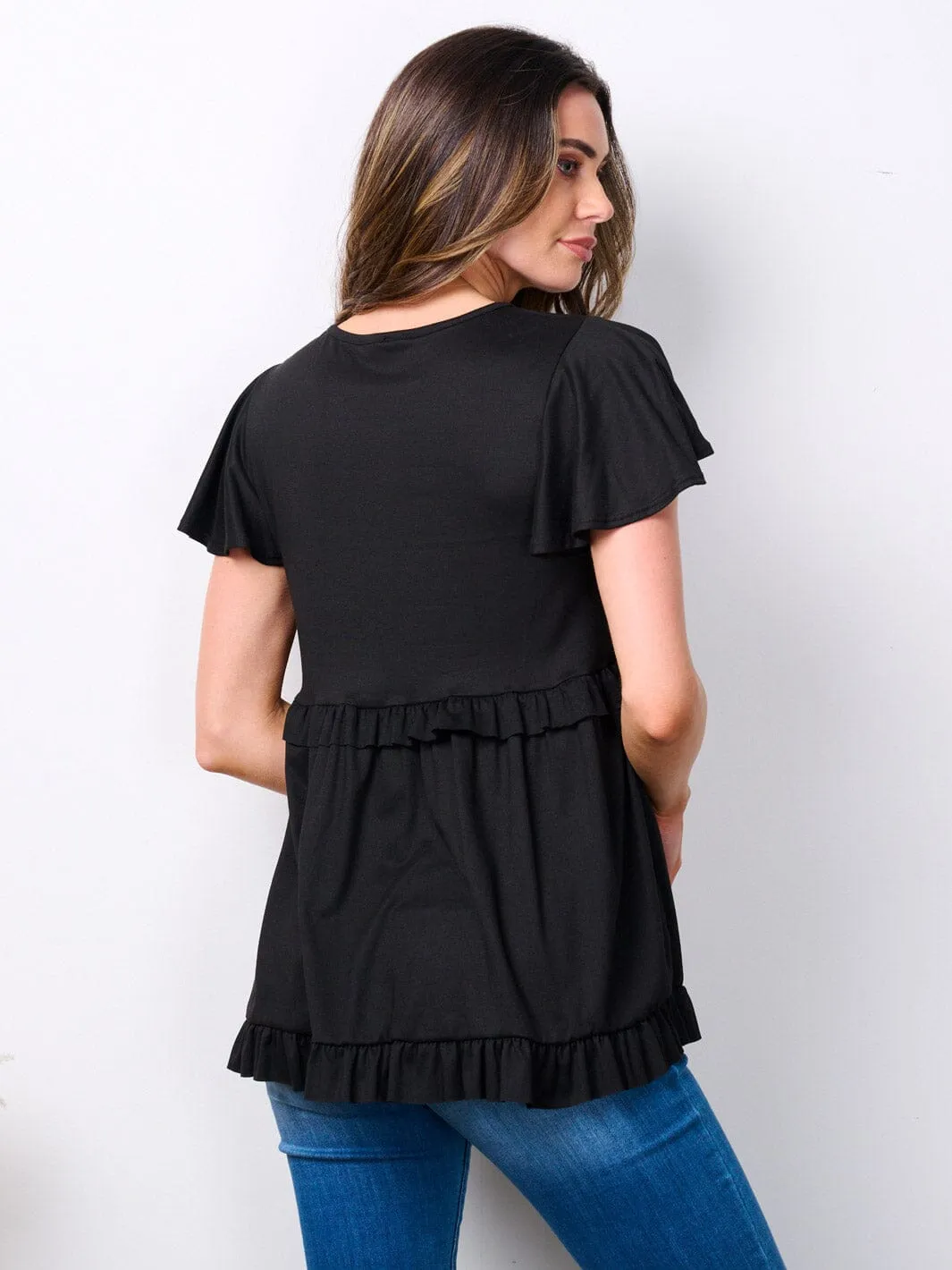 WOMEN'S SHORT RUFFLE SLEEVE V-NECK TUNIC TOP