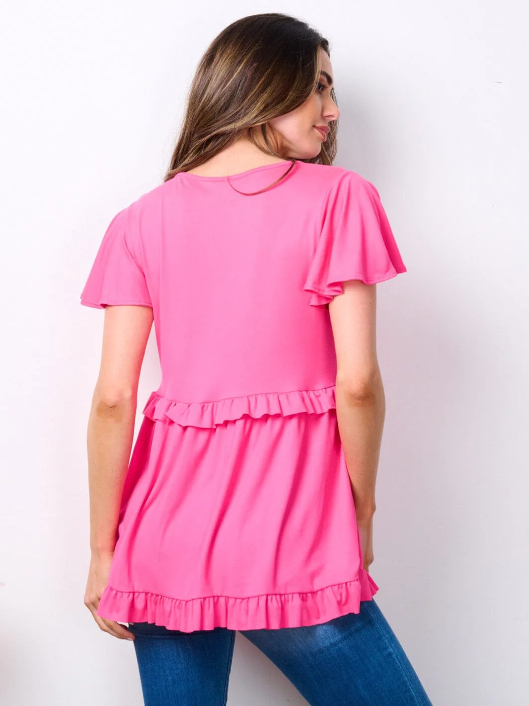 WOMEN'S SHORT RUFFLE SLEEVE V-NECK TUNIC TOP