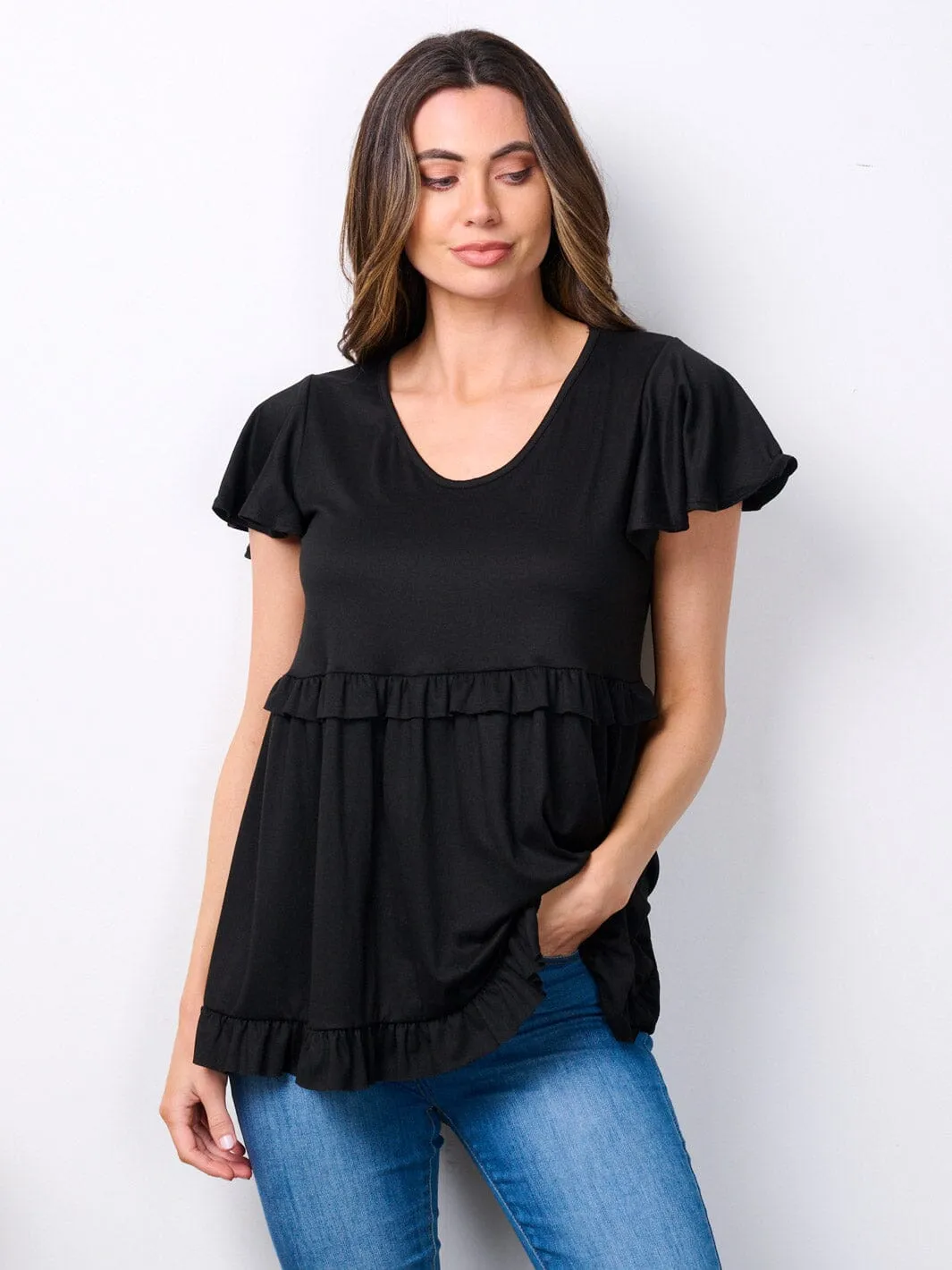 WOMEN'S SHORT RUFFLE SLEEVE V-NECK TUNIC TOP