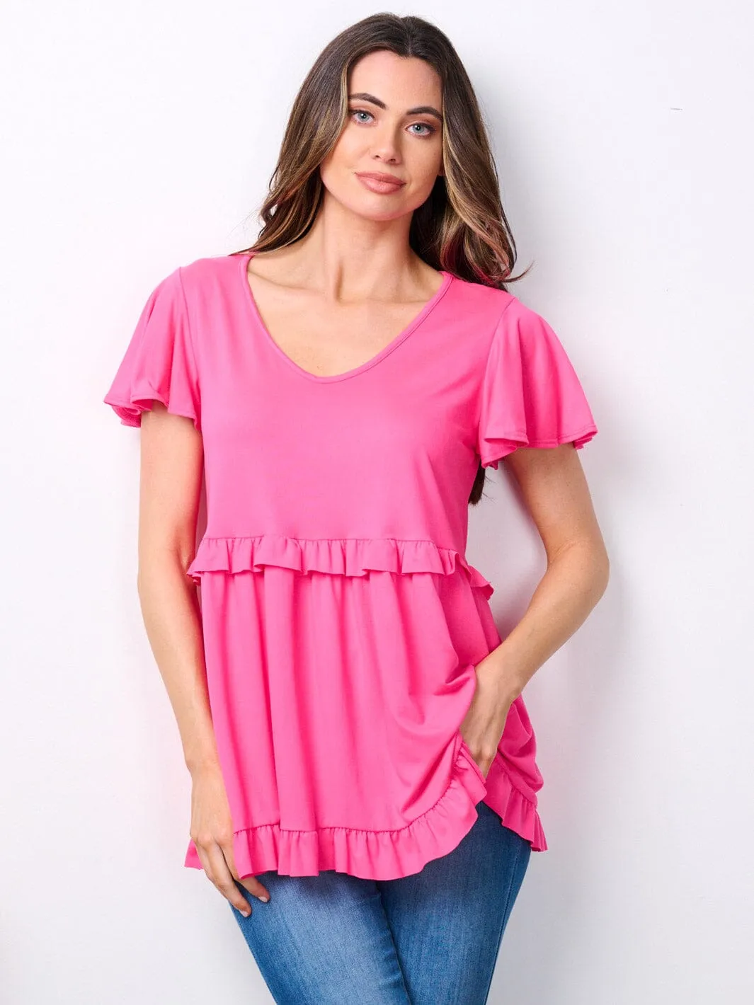 WOMEN'S SHORT RUFFLE SLEEVE V-NECK TUNIC TOP