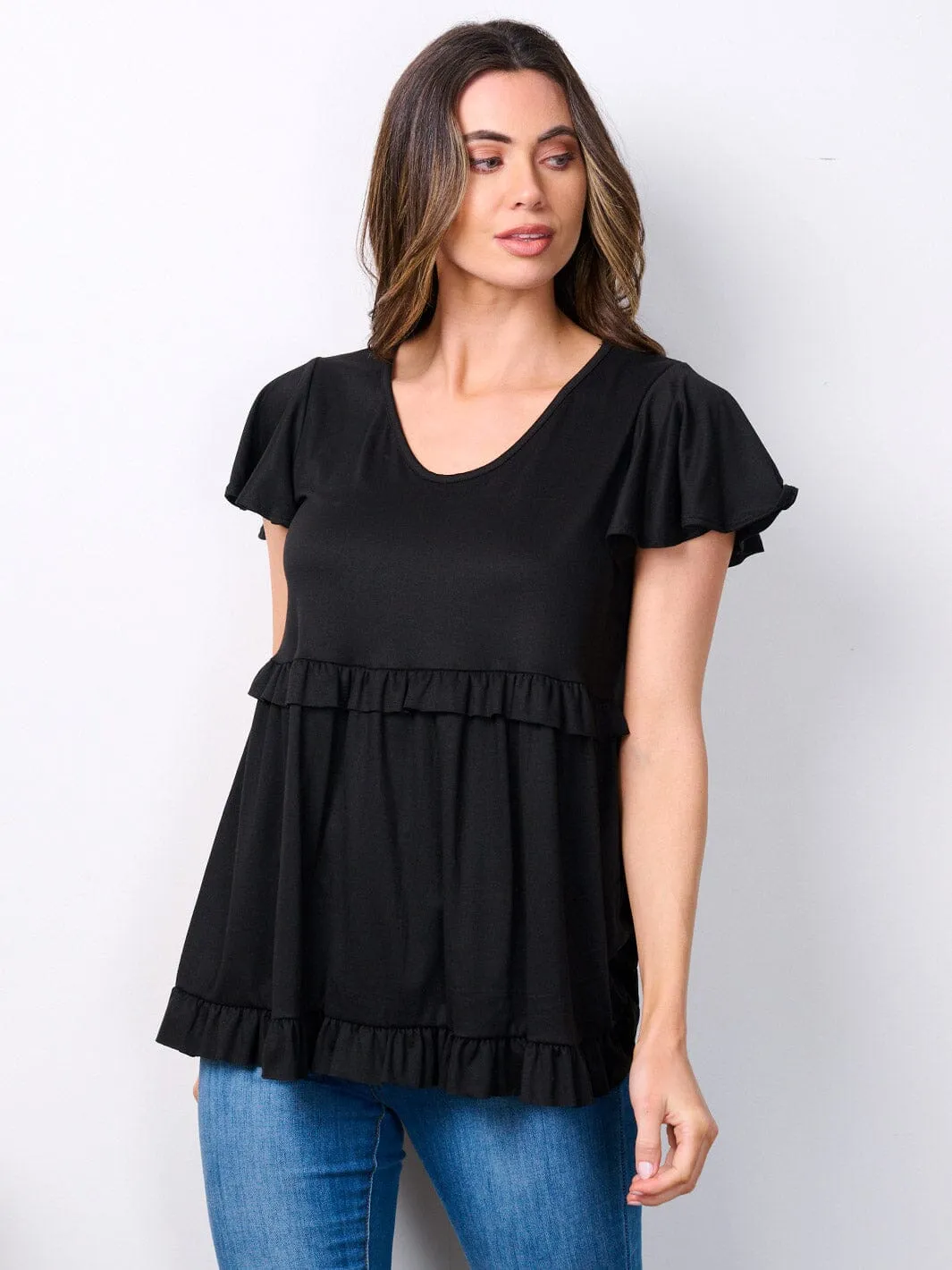 WOMEN'S SHORT RUFFLE SLEEVE V-NECK TUNIC TOP