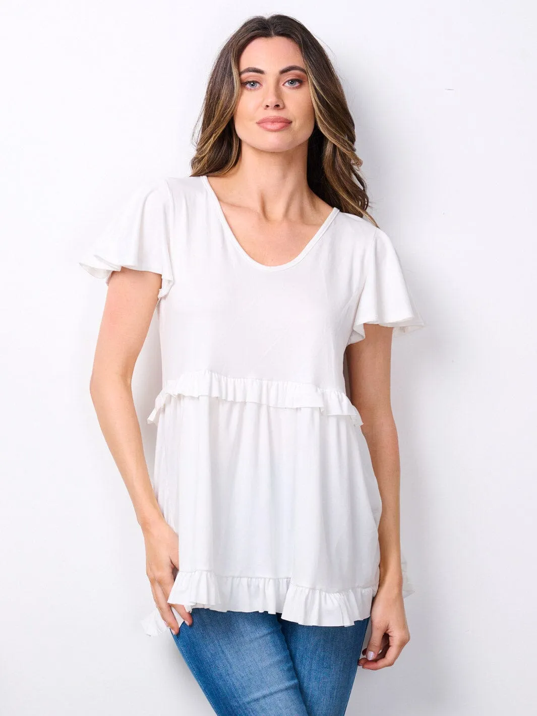 WOMEN'S SHORT RUFFLE SLEEVE V-NECK TUNIC TOP