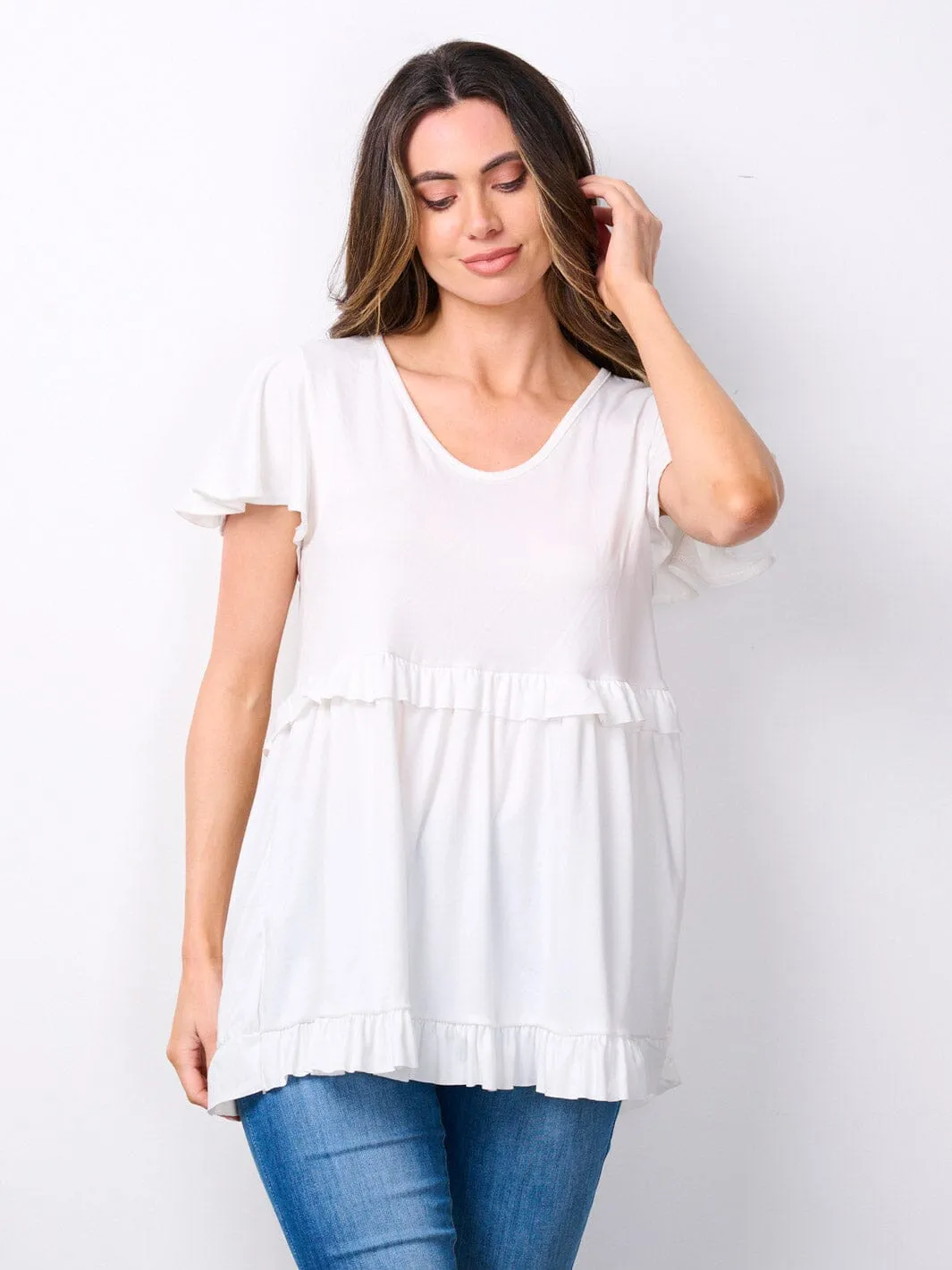 WOMEN'S SHORT RUFFLE SLEEVE V-NECK TUNIC TOP