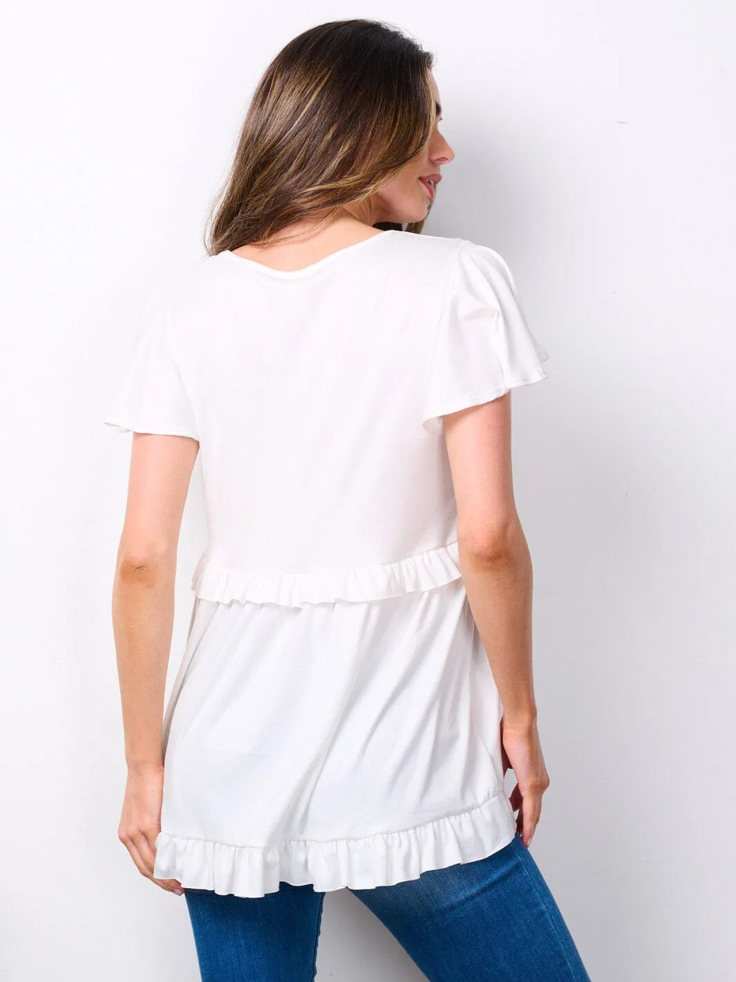 WOMEN'S SHORT RUFFLE SLEEVE V-NECK TUNIC TOP