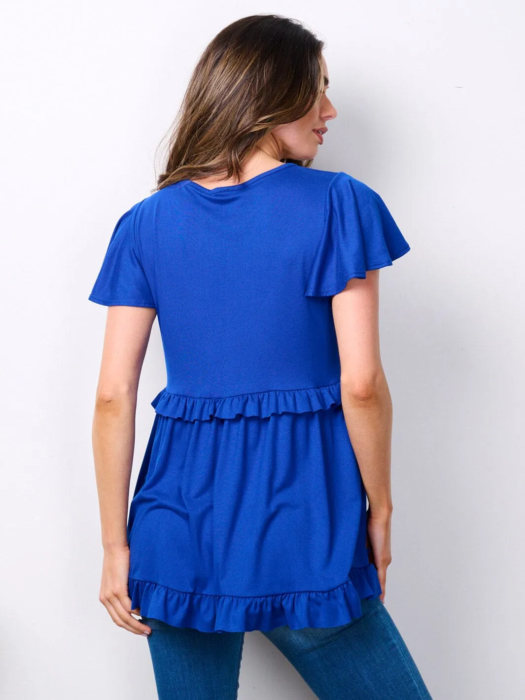 WOMEN'S SHORT RUFFLE SLEEVE V-NECK TUNIC TOP