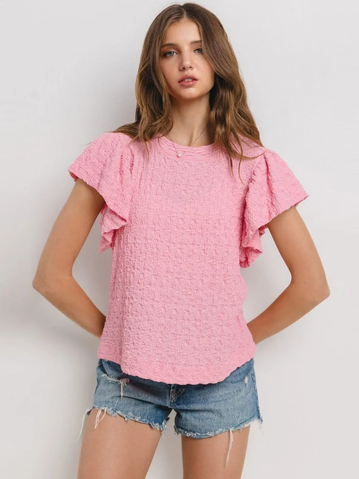 WOMEN'S SHORT RUFFLE SLEEVE WAFFLE DETAILED TUNIC BLOUSE
