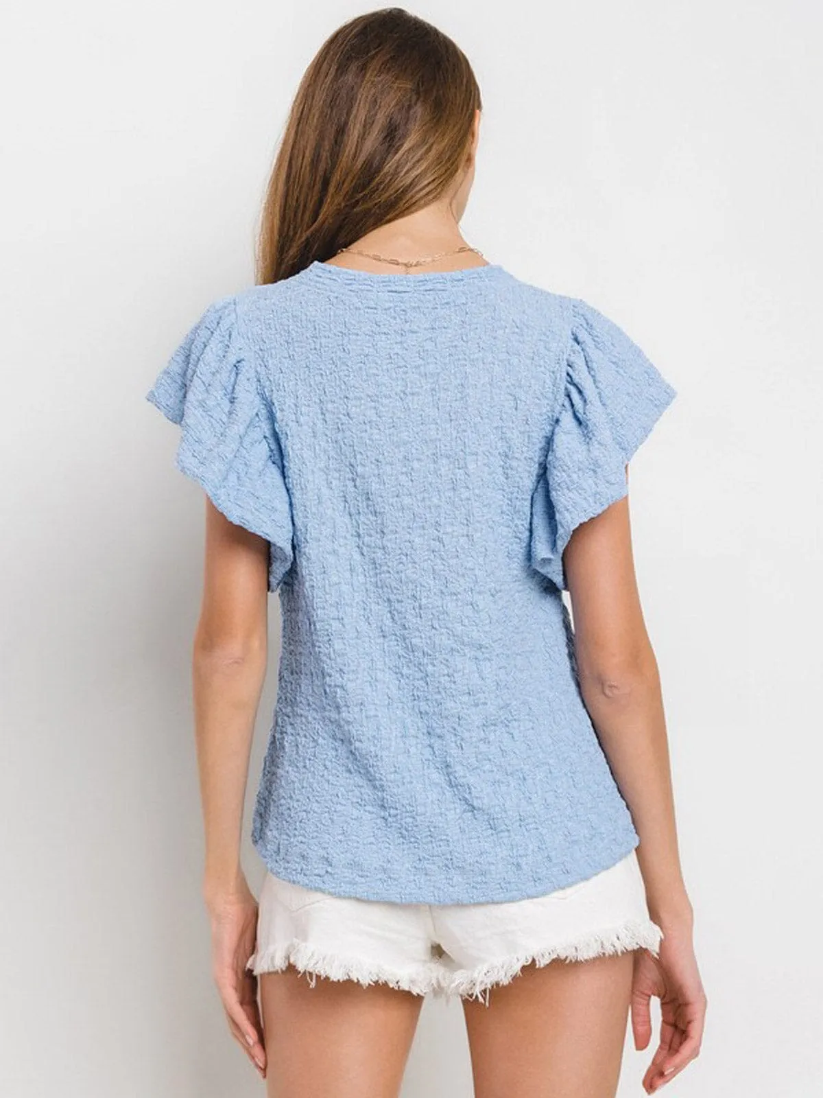 WOMEN'S SHORT RUFFLE SLEEVE WAFFLE DETAILED TUNIC BLOUSE
