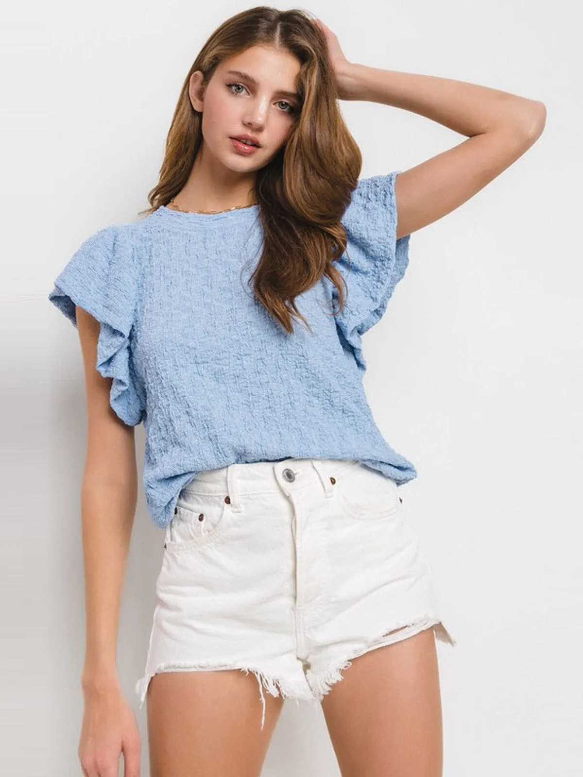 WOMEN'S SHORT RUFFLE SLEEVE WAFFLE DETAILED TUNIC BLOUSE