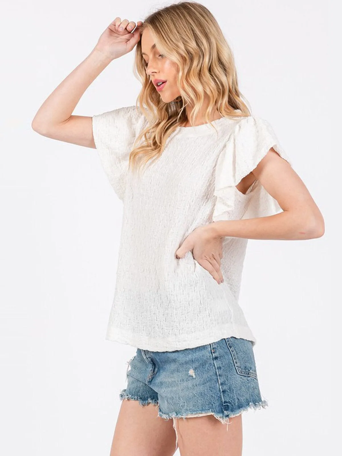 WOMEN'S SHORT RUFFLE SLEEVE WAFFLE DETAILED TUNIC BLOUSE