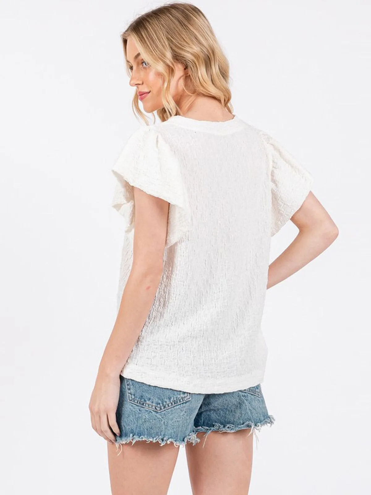 WOMEN'S SHORT RUFFLE SLEEVE WAFFLE DETAILED TUNIC BLOUSE