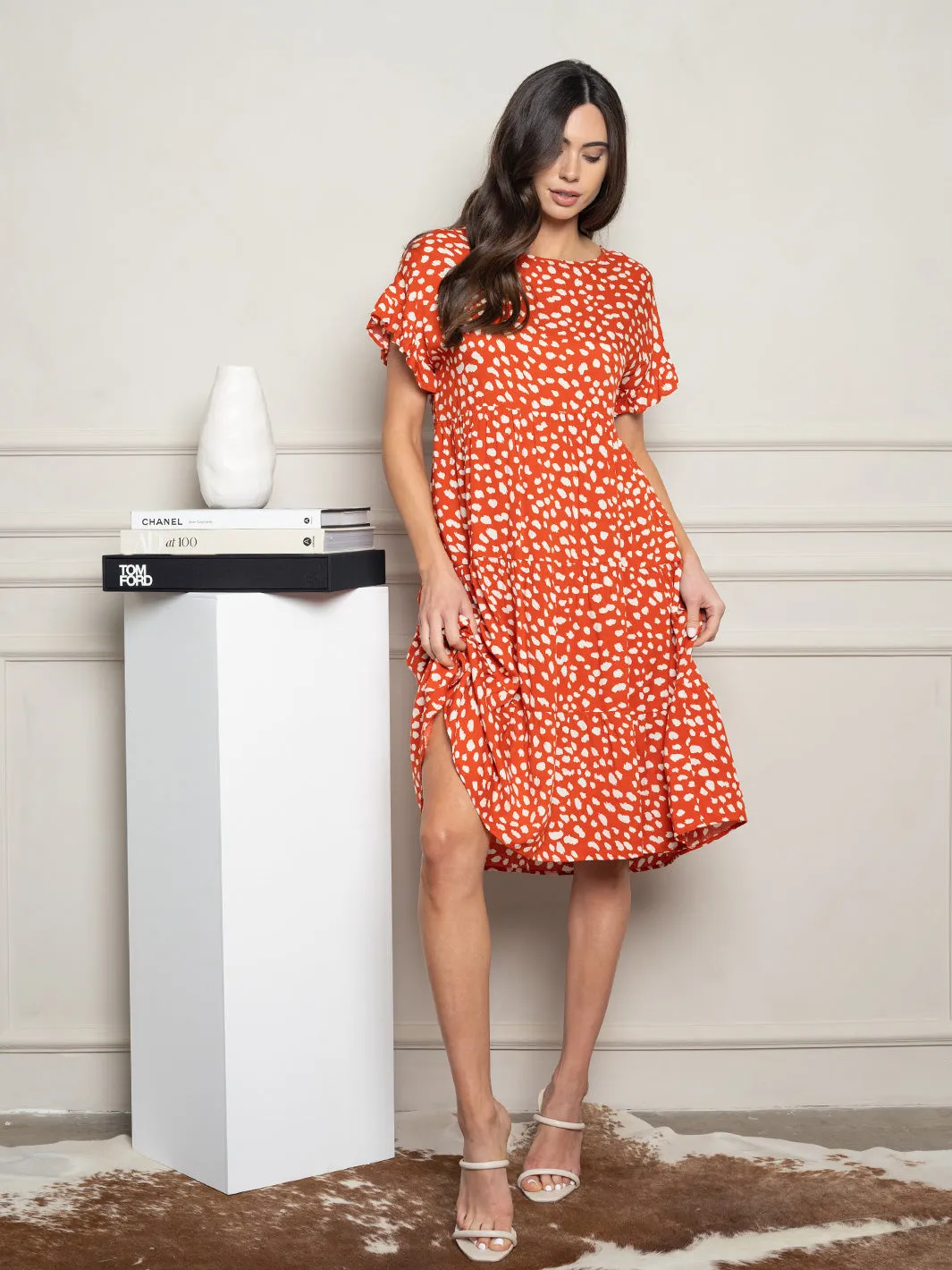 WOMEN'S SHORT SLEEVE ANIMAL PRINT BABYDOLL MIDI DRESS