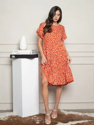 WOMEN'S SHORT SLEEVE ANIMAL PRINT BABYDOLL MIDI DRESS