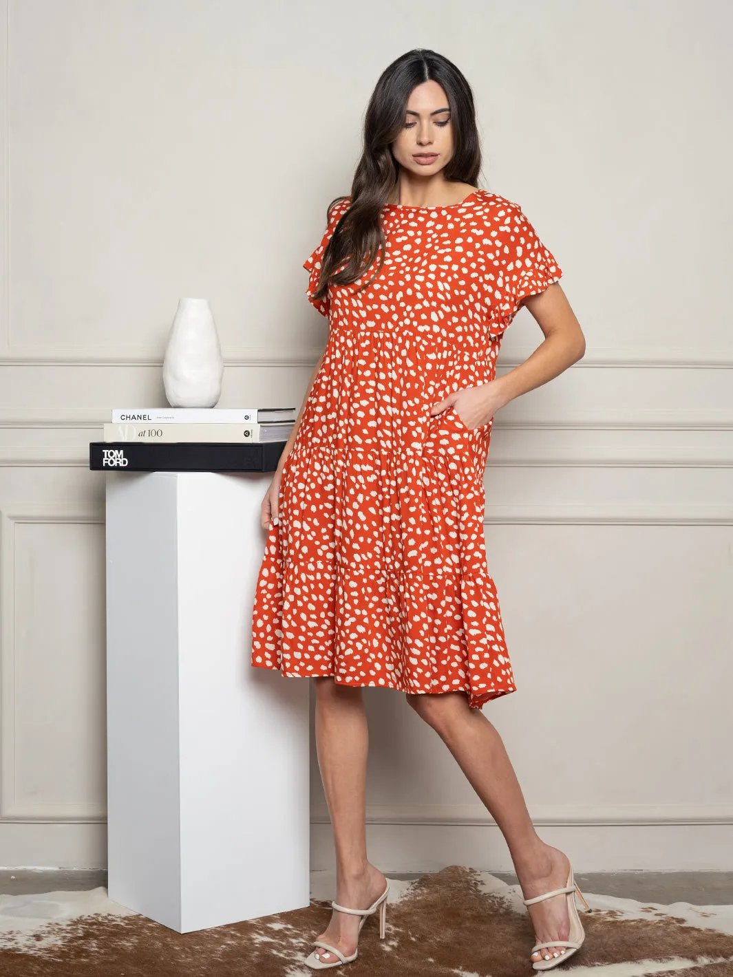 WOMEN'S SHORT SLEEVE ANIMAL PRINT BABYDOLL MIDI DRESS