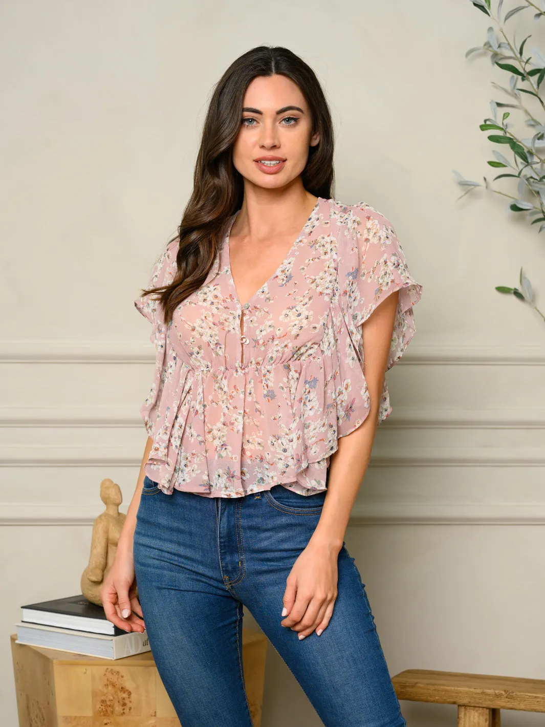 WOMEN'S SHORT SLEEVE FLORAL TOP