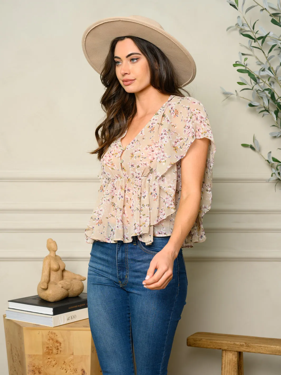 WOMEN'S SHORT SLEEVE FLORAL TOP