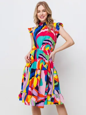 WOMEN'S SHORT SLEEVE MOCK NECK MULTI COLOR MIDI DRESS
