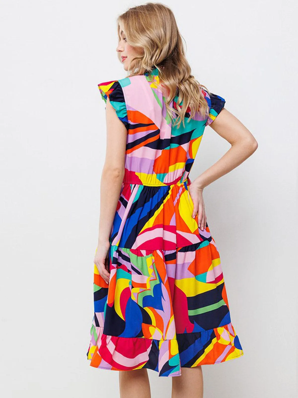 WOMEN'S SHORT SLEEVE MOCK NECK MULTI COLOR MIDI DRESS