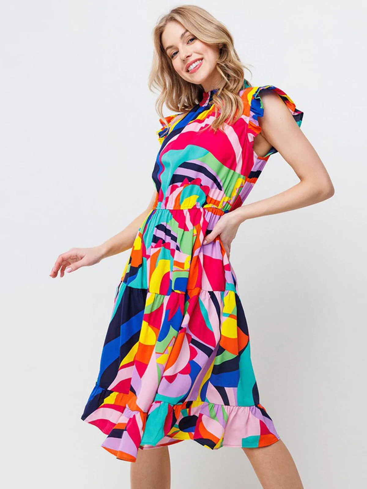WOMEN'S SHORT SLEEVE MOCK NECK MULTI COLOR MIDI DRESS