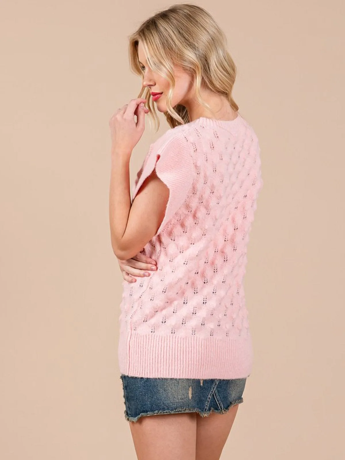 WOMEN'S SHORT SLEEVE WAFFLE DETAILED KNIT BLOUSE TOP