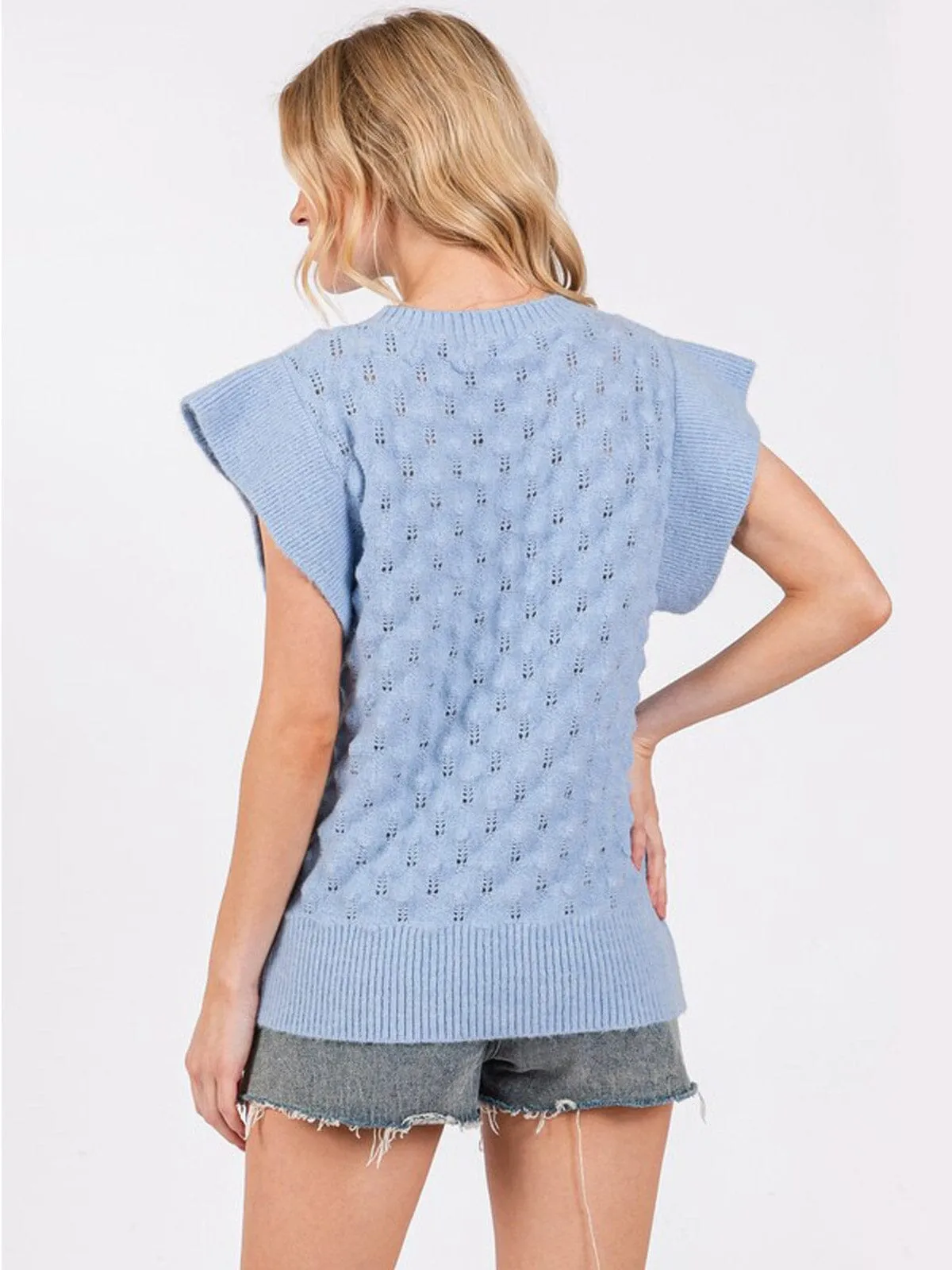 WOMEN'S SHORT SLEEVE WAFFLE DETAILED KNIT BLOUSE TOP