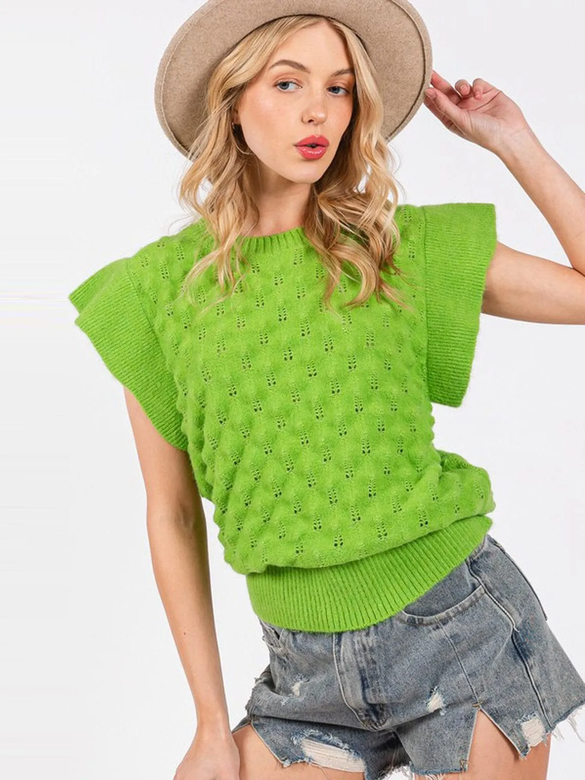 WOMEN'S SHORT SLEEVE WAFFLE DETAILED KNIT BLOUSE TOP