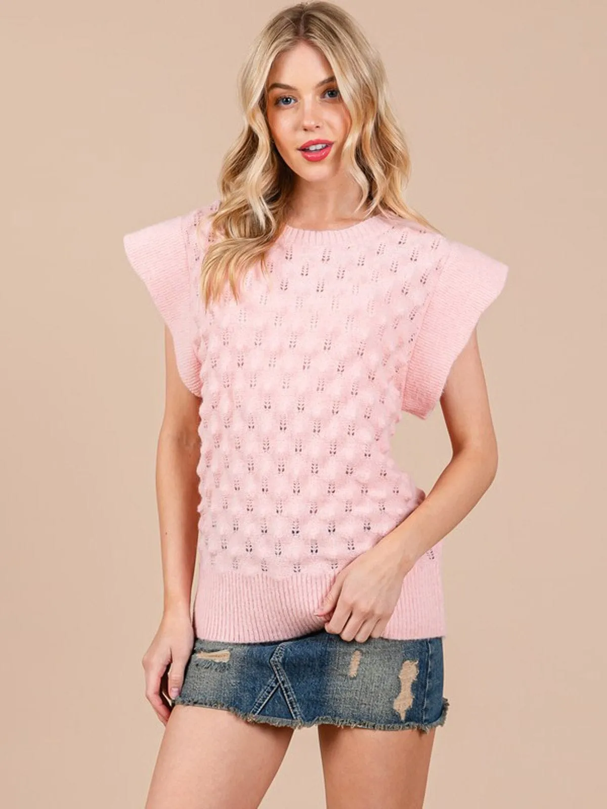 WOMEN'S SHORT SLEEVE WAFFLE DETAILED KNIT BLOUSE TOP