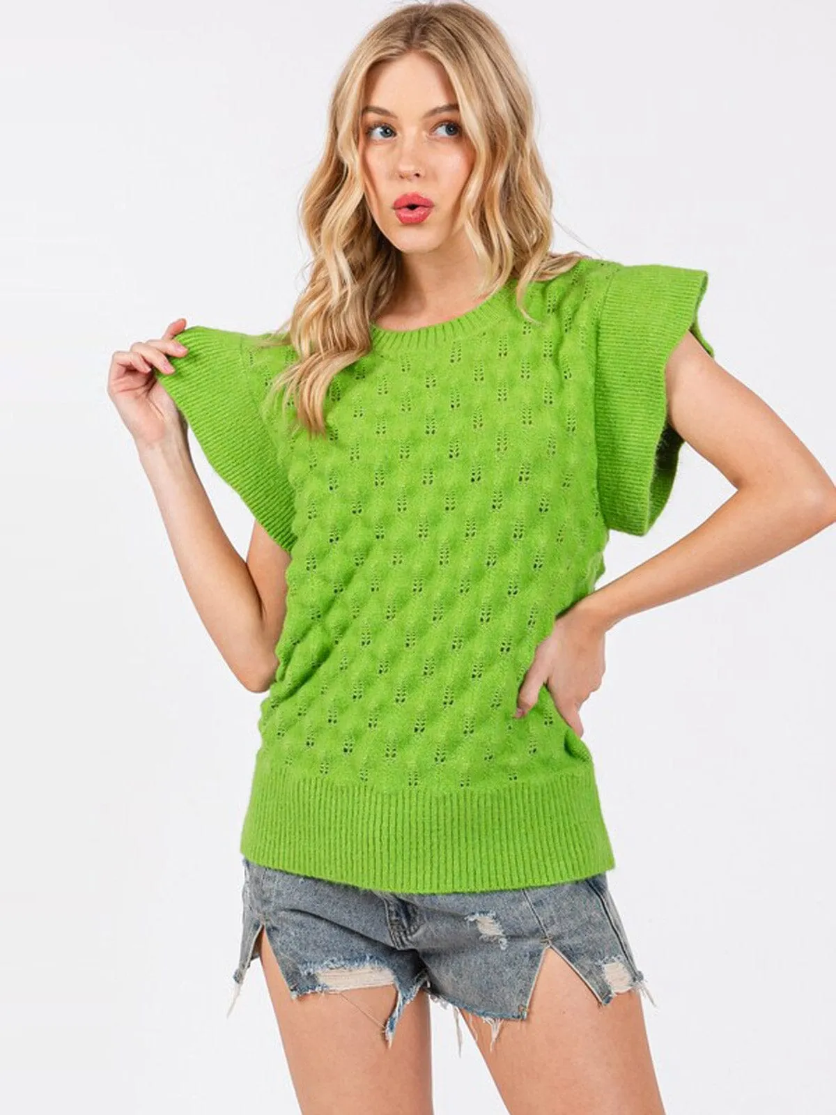WOMEN'S SHORT SLEEVE WAFFLE DETAILED KNIT BLOUSE TOP