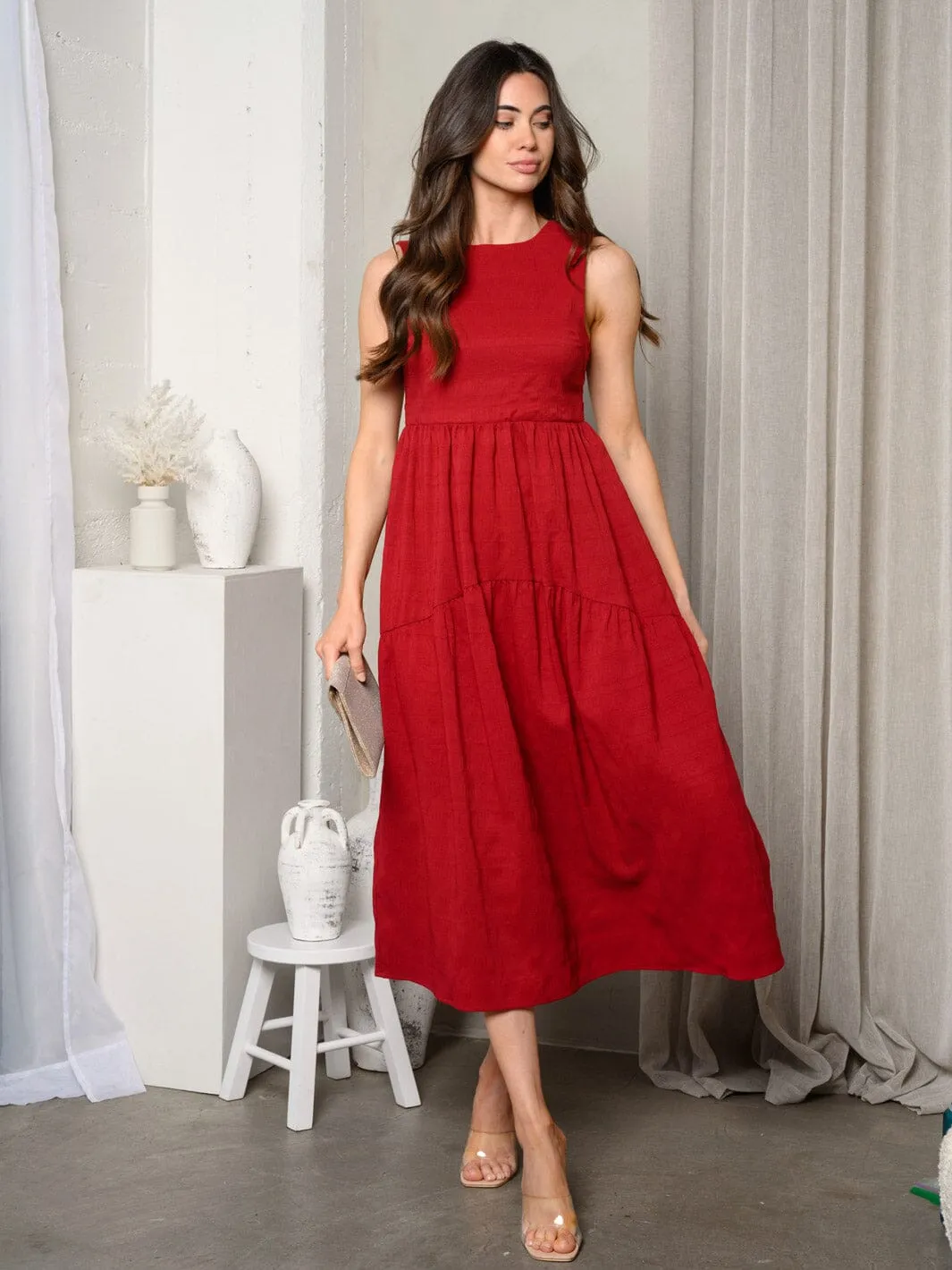 WOMEN'S SLEEVELESS BACK TIE TIERED MIDI DRESS