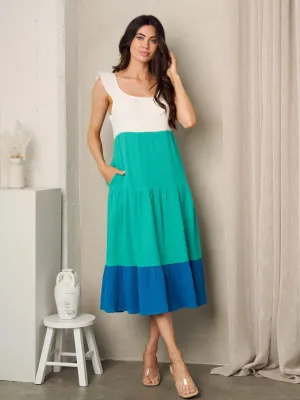 WOMEN'S SLEEVELESS COLORBLOCK TIERED MIDI DRESS
