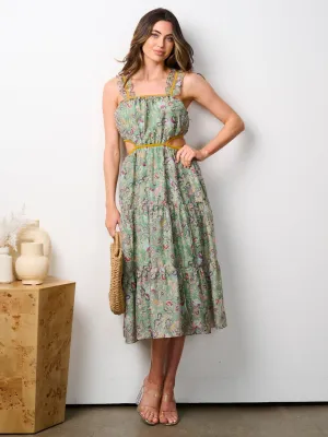 WOMEN'S SLEEVELESS ELASTIC WAIST CUT OUT TIERED FLORAL MIDI DRESS