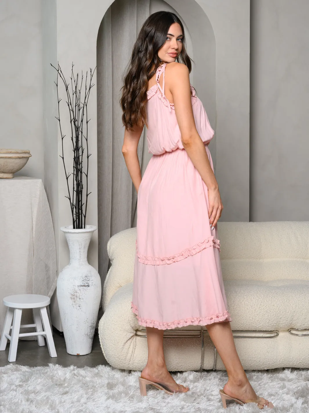 WOMEN'S SLEEVELESS RUFFLE TIERED MIDI DRESS