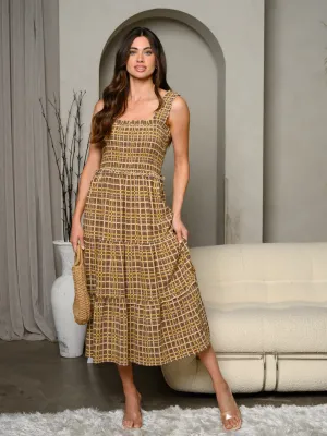 WOMEN'S SLEEVELESS SMOCK TIERED PLAID MIDI DRESS