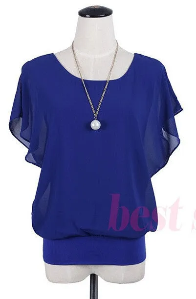 Womens Tops Fashion Women Summer Chiffon Blouse Plus Size Ruffle Batwing Short Sleeve Casual Shirt Black White Red Blue