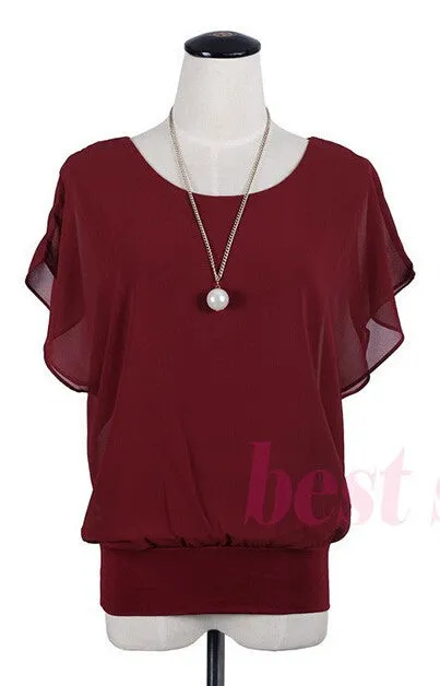 Womens Tops Fashion Women Summer Chiffon Blouse Plus Size Ruffle Batwing Short Sleeve Casual Shirt Black White Red Blue
