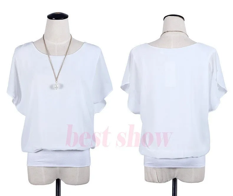 Womens Tops Fashion Women Summer Chiffon Blouse Plus Size Ruffle Batwing Short Sleeve Casual Shirt Black White Red Blue