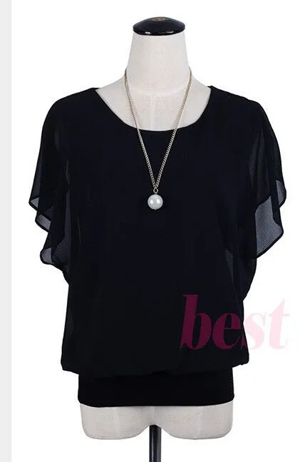 Womens Tops Fashion Women Summer Chiffon Blouse Plus Size Ruffle Batwing Short Sleeve Casual Shirt Black White Red Blue