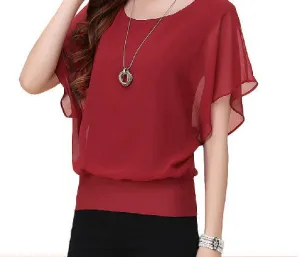 Womens Tops Fashion Women Summer Chiffon Blouse Plus Size Ruffle Batwing Short Sleeve Casual Shirt Black White Red Blue